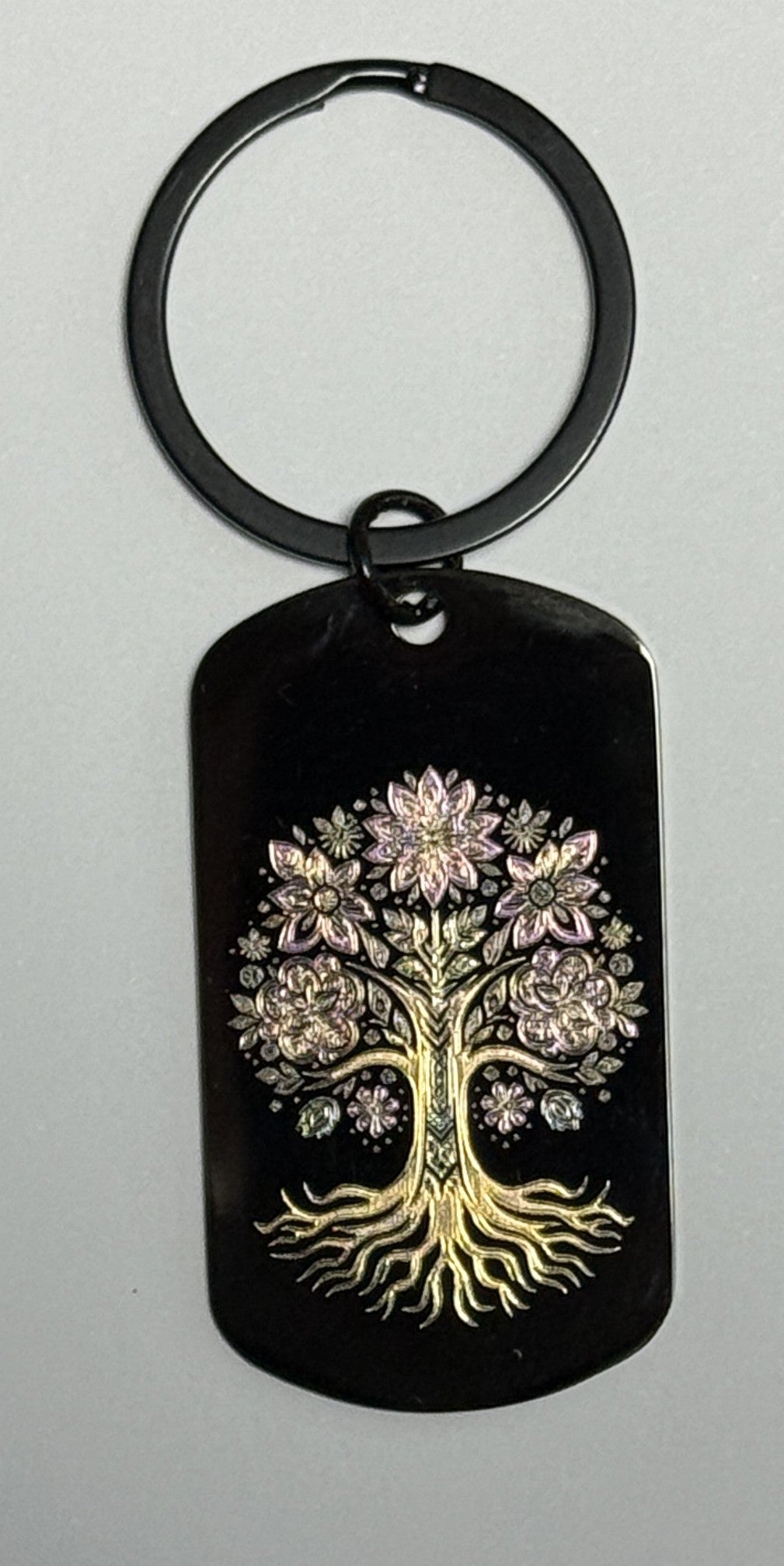 Porte cles / bijoux de sacs en acier inoxydable noir, gravé en couleur par laser MOPA