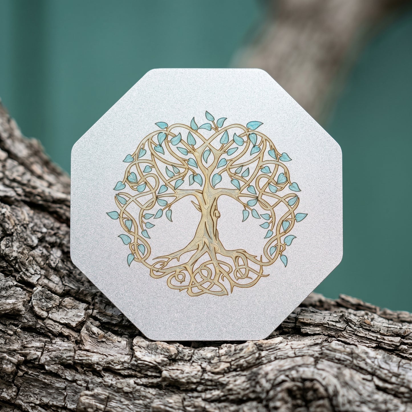 Arbre de Vie Ciselé Or Feuilles Vertes – Décoration Acier Inoxydable Dessous de Verre Ornement Acier Inoxydable marin 85mm sablé Lux-Kimiya gravé couleur par technologie laser MOPA