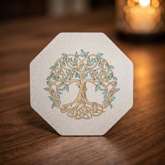 Arbre de Vie Ciselé Or Feuilles Vertes – Décoration Acier Inoxydable Dessous de Verre Ornement Acier Inoxydable marin 85mm sablé Lux-Kimiya gravé couleur par technologie laser MOPA