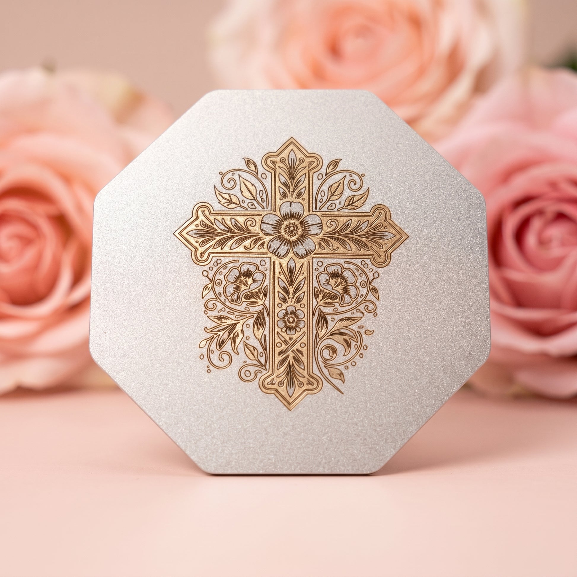 Croix aux fleurs en Or sur Dessous de Verre Ornement Acier Inoxydable marin 85mm sablé Lux-Kimiya gravé couleur par technologie laser MOPA