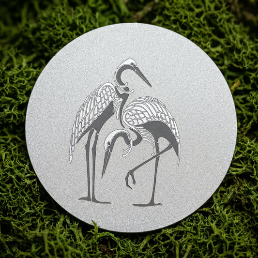 Grues Japonaises sur Dessous de Verre Aluminium 85mm sablé Lux-Kimiya gravé par technologie laser MOPA