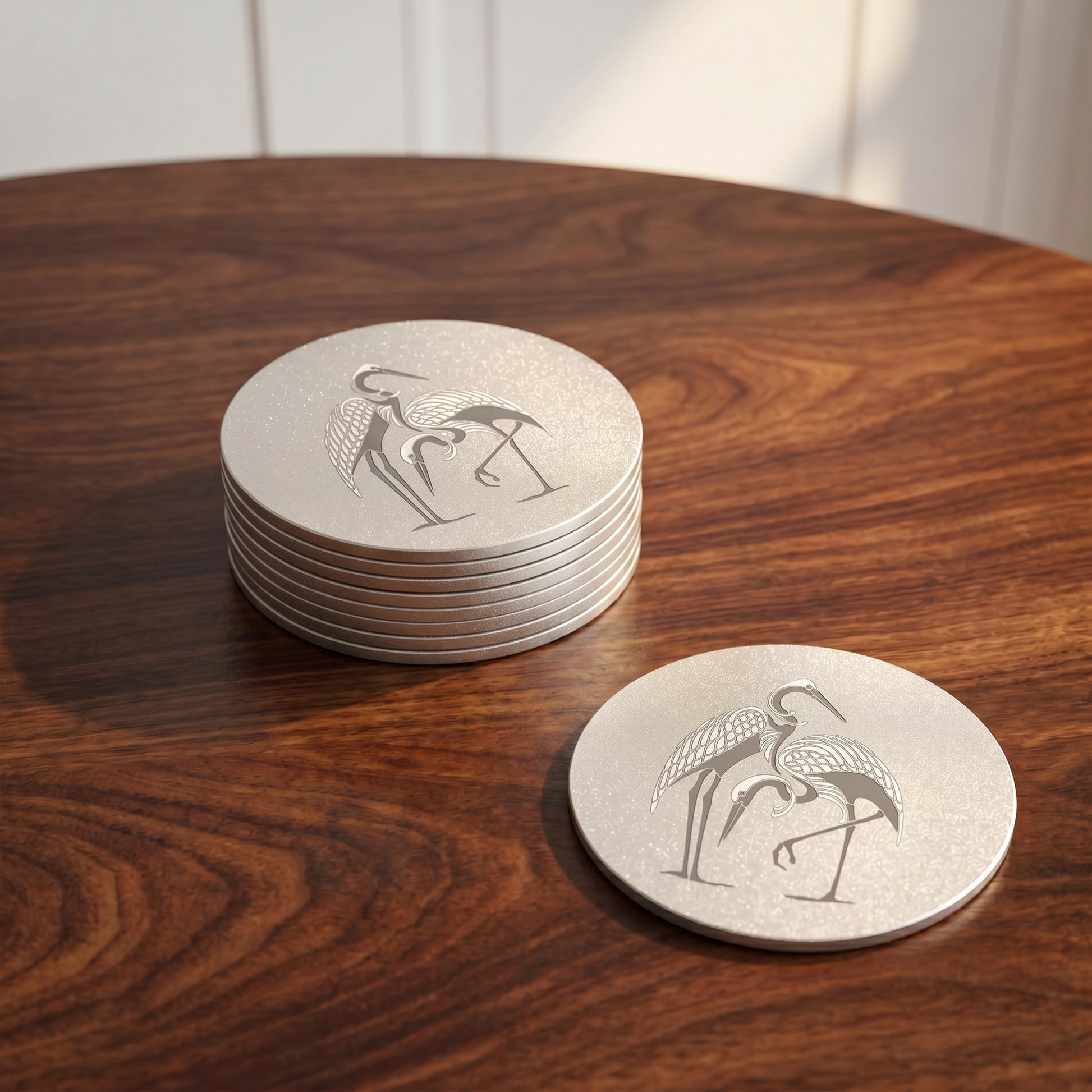 Grues Japonaises sur Dessous de Verre Aluminium 85mm sablé Lux-Kimiya gravé par technologie laser MOPA