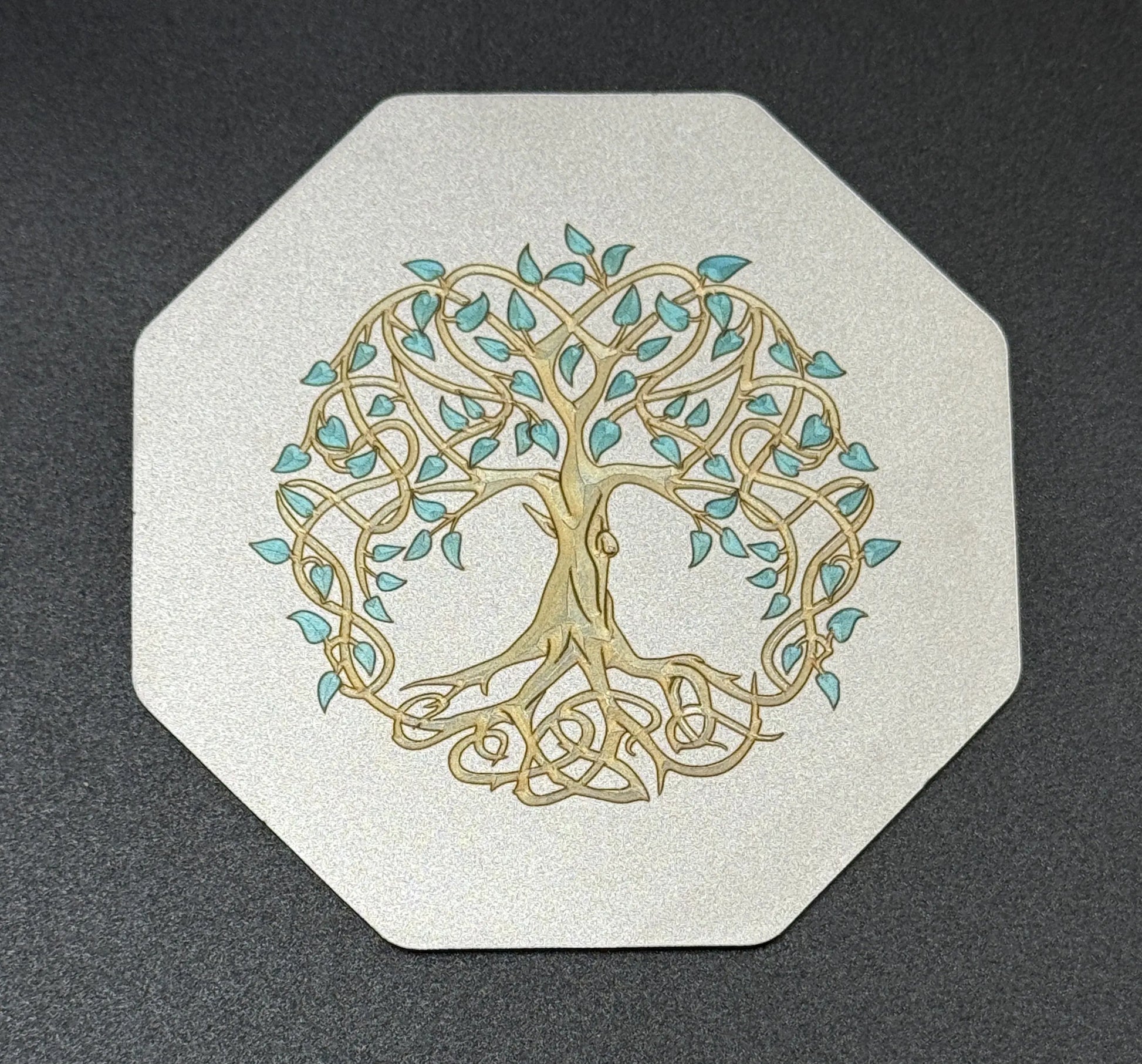 Arbre de vie Ciselé Or Feuilles Vertes Lux-Kimiya Ornement Inox