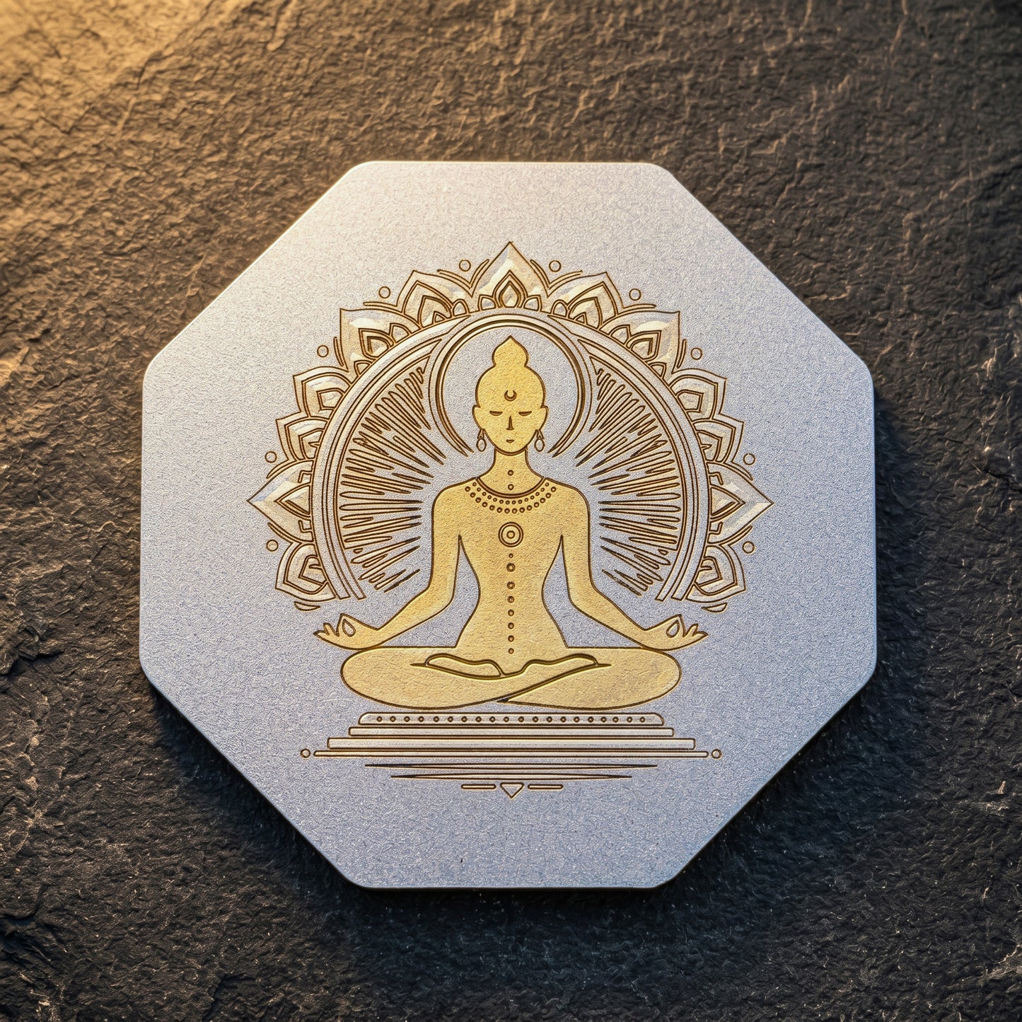 Meditative Radiance Lux-Kimiya Ornement Acier Inoxydable marin, gravé couleur par technologie laser MOPA