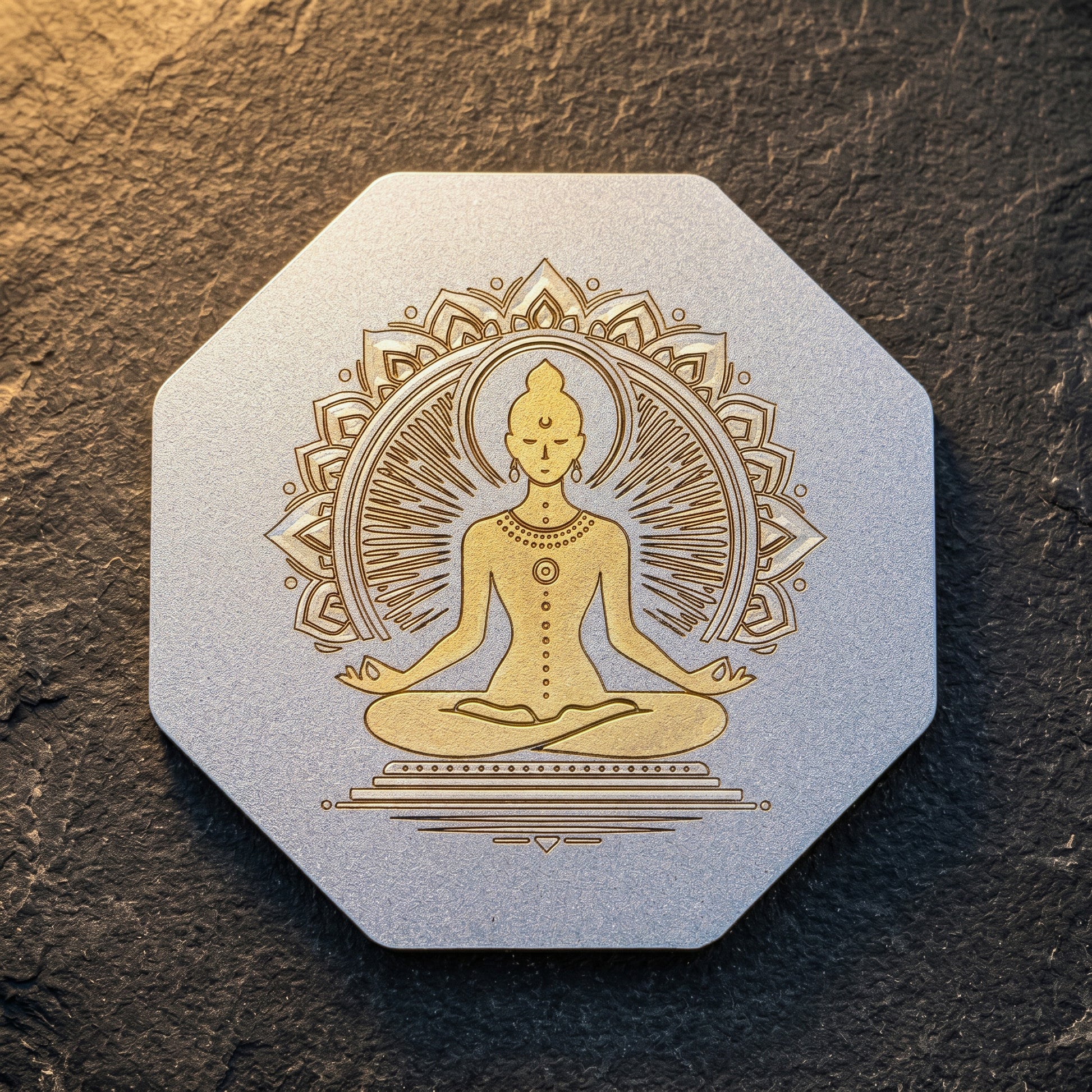 Meditative Radiance Lux-Kimiya Ornement Acier Inoxydable marin, gravé couleur par technologie laser MOPA