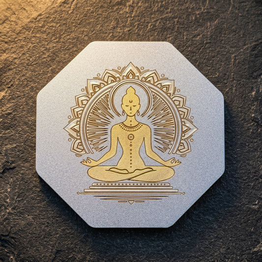 Meditative Radiance Lux-Kimiya Ornement Acier Inoxydable marin, gravé couleur par technologie laser MOPA