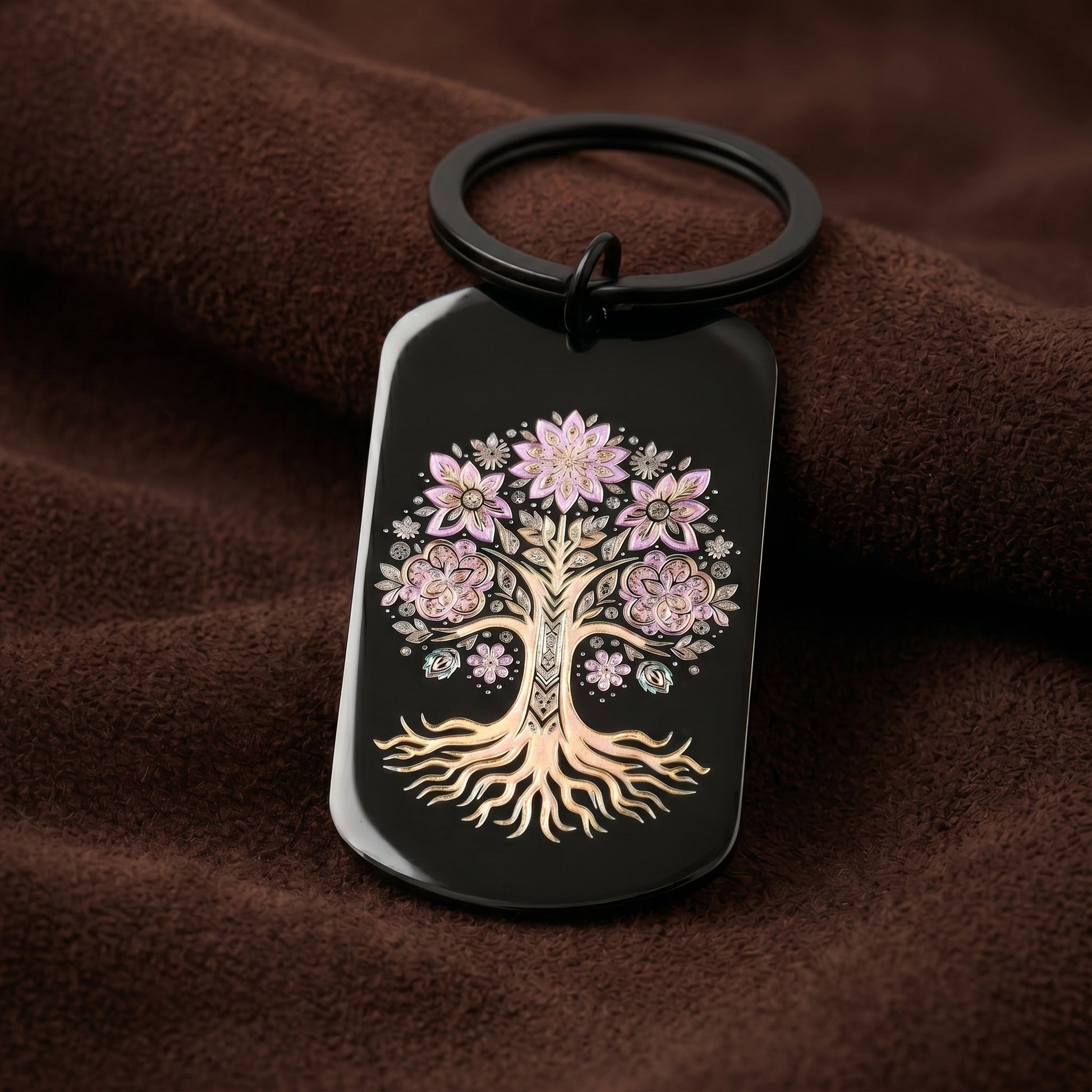 Porte-clés / Bijou de sacs : Arbre de Vie en fleurs Lux-Kimiya Porte-clefs/ Bijoux de sac  Porte-clefs Bijoux de sac Accessoire de sac noir en acier inoxydable gravé couleur par technologie laser MOPA