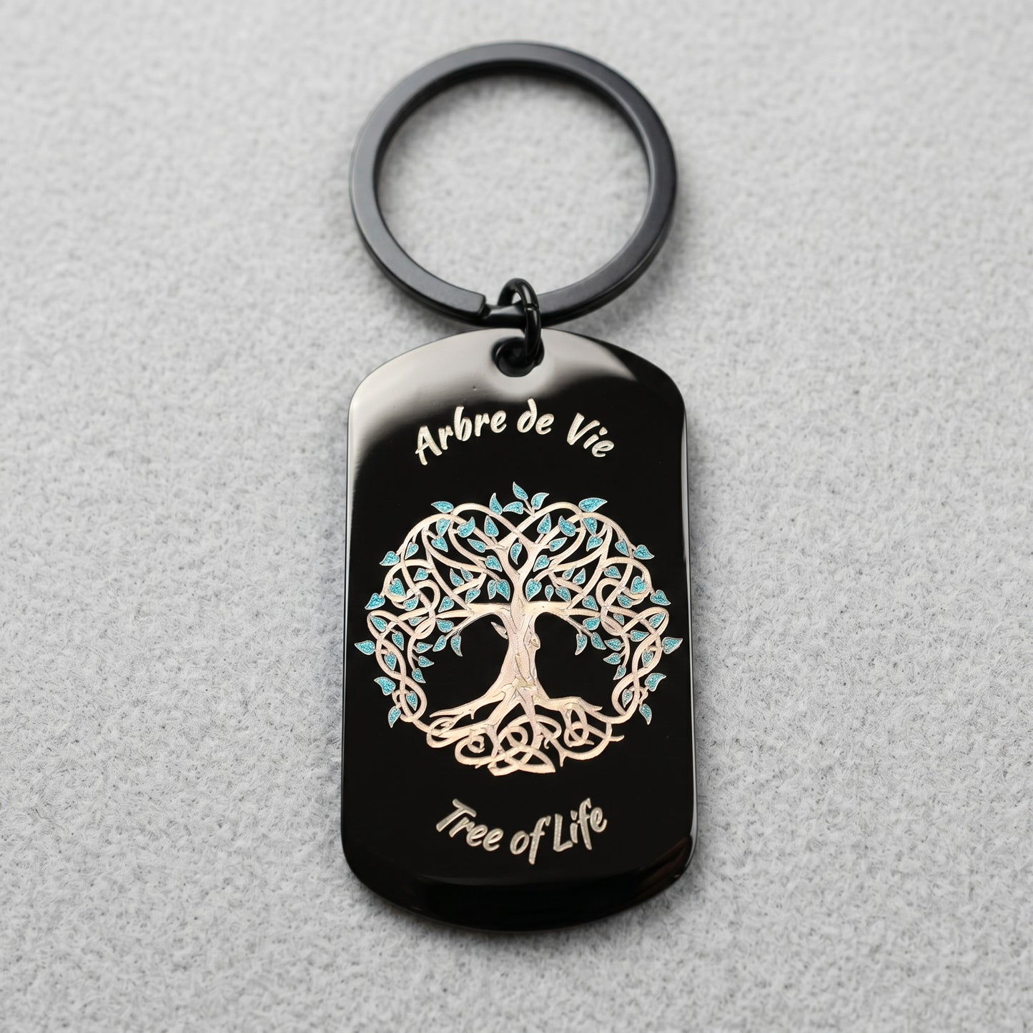 Porte-clefs Bijoux de sac Accessoire de sac noir en acier inoxydable gravé couleur par technologie laser MOPA