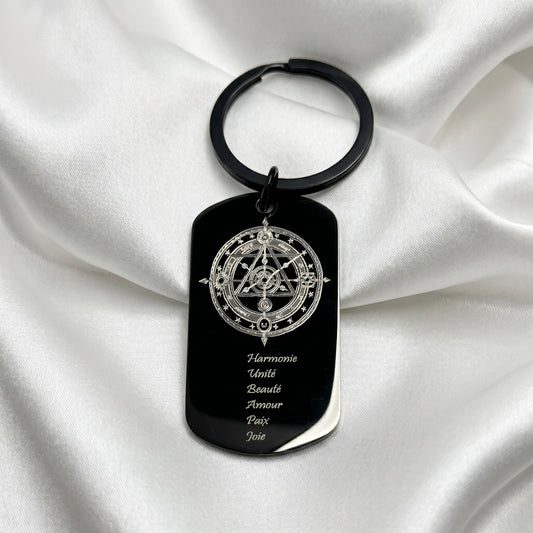 Porte-clefs Bijoux de sac Accessoire de sac noir en acier inoxydable gravé couleur par technologie laser MOPA