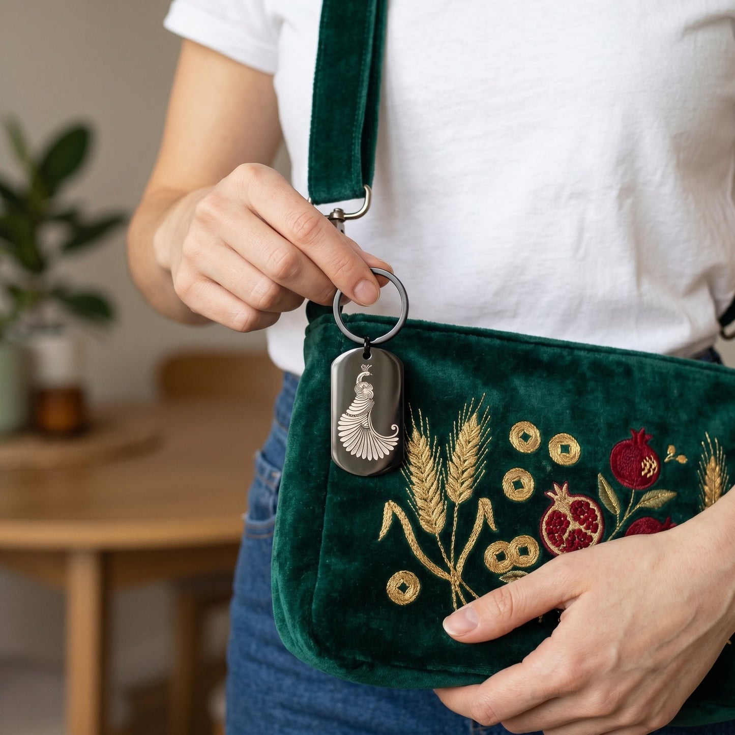Porte-clés / Bijou de sacs : Paon Ciselé - Paix Beauté Prospérité Lux-Kimiya Porte-clefs/ Bijoux de sac  Porte-clefs Bijoux de sac Accessoire de sac noir en acier inoxydable gravé couleur par technologie laser MOPA