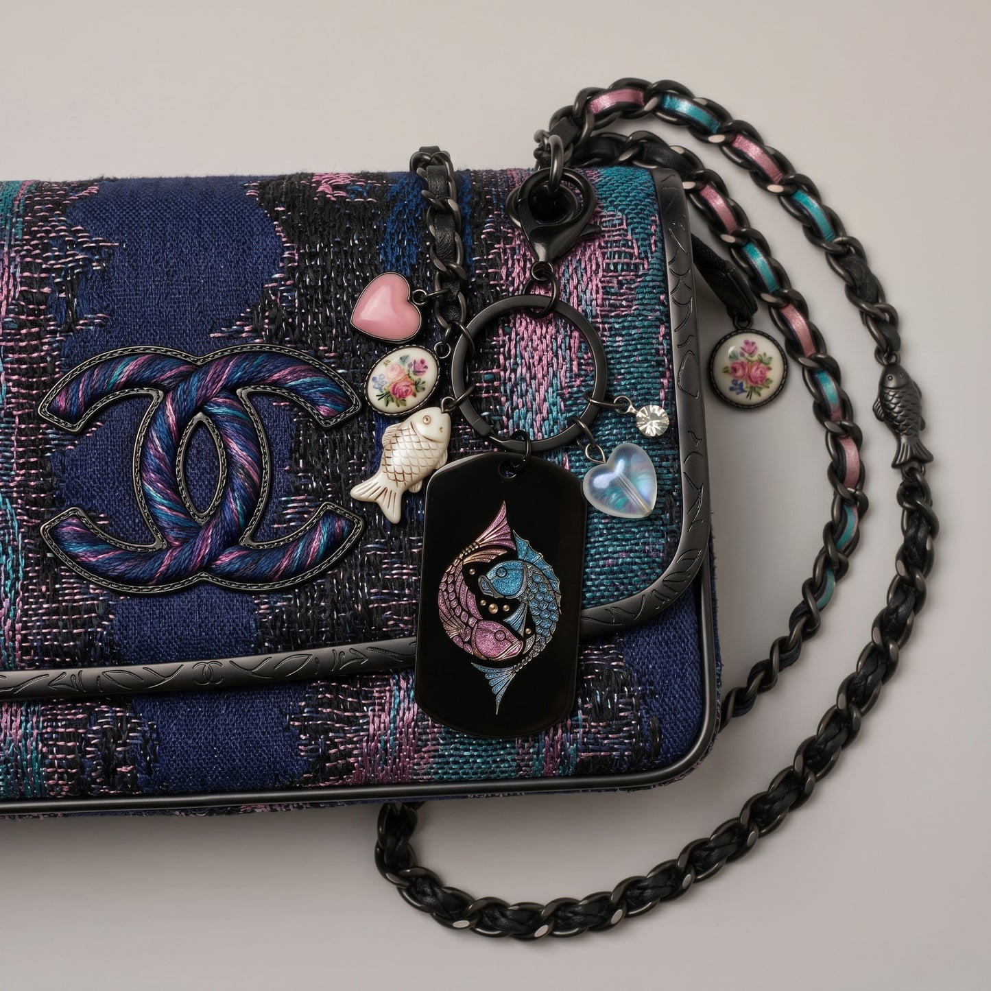 Porte-clefs Bijoux de sac Accessoire de sac noir en acier inoxydable gravé couleur par technologie laser MOPA