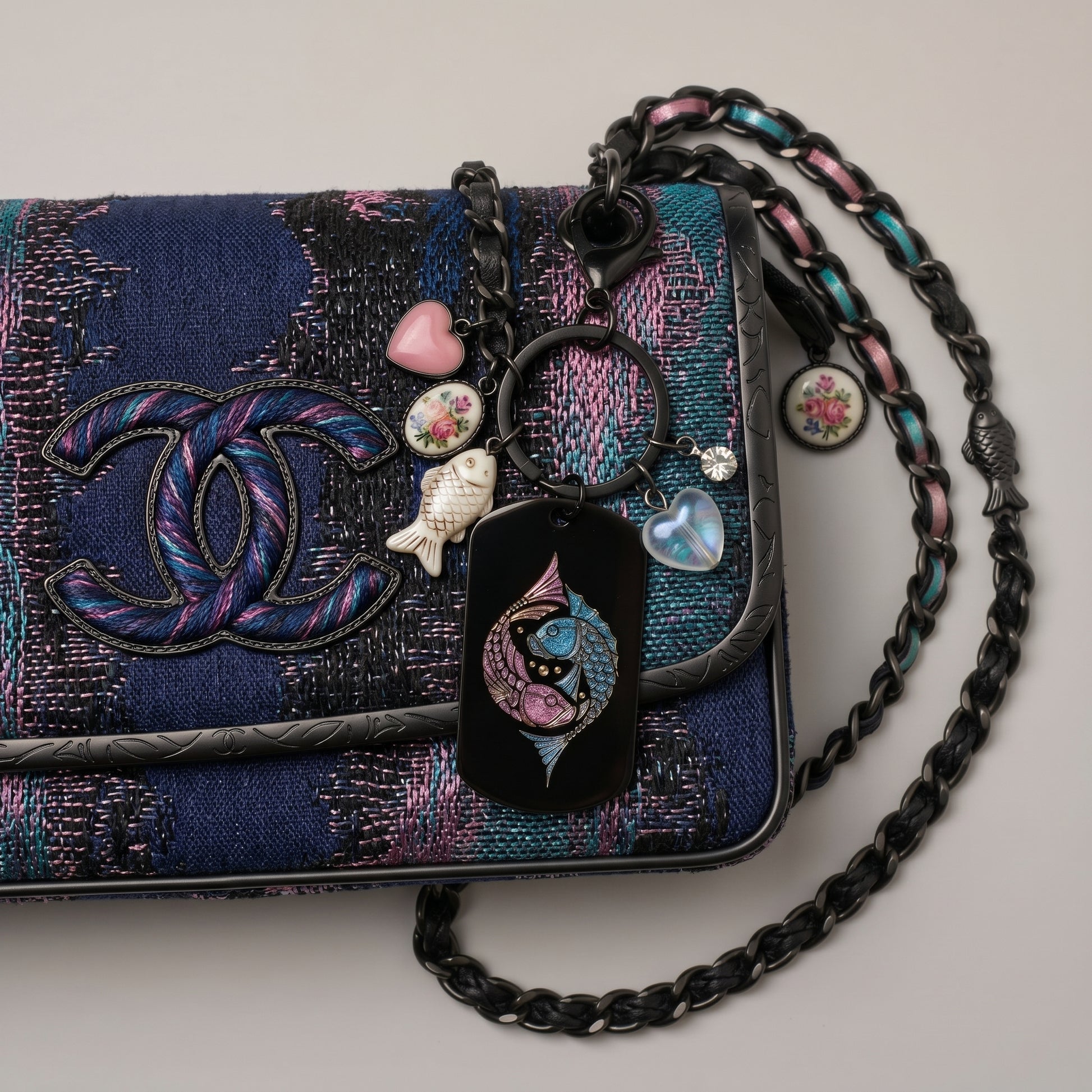 Porte-clefs Bijoux de sac Accessoire de sac noir en acier inoxydable gravé couleur par technologie laser MOPA