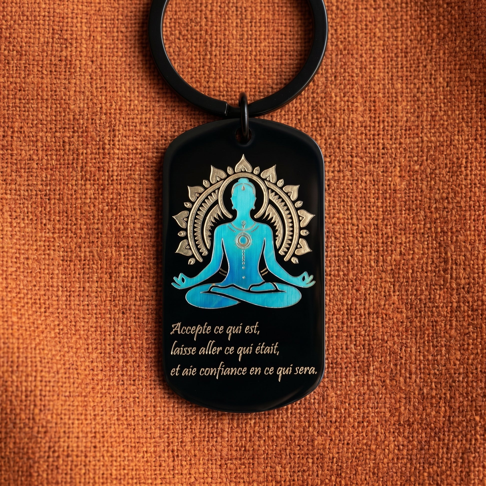 Porte-clefs Bijoux de sac noir en acier inoxydable gravé couleur par technologie laser MOPA