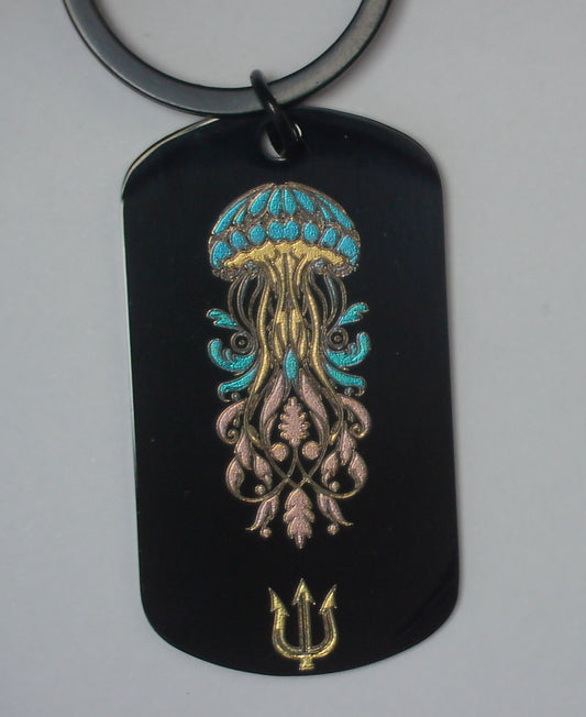 Porte-cles Bijoux de sac noir en acier inoxydable gravé couleur par technologie  laser MOPA 